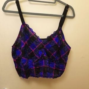 Blue & pink lace bralette with soft plaid pattern [Torrid]